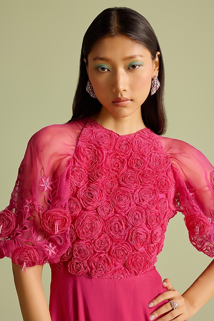 Fuchsia Chanderi 3D Rose Applique & Cutwork Flounce Cocktail Dress by Chandrima at Pernia's Pop Up Shop