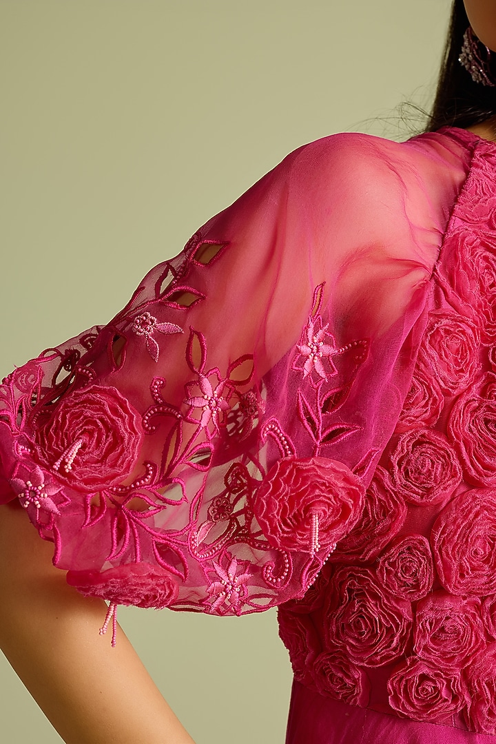 Fuchsia Chanderi 3D Rose Applique & Cutwork Flounce Cocktail Dress by Chandrima at Pernia's Pop Up Shop
