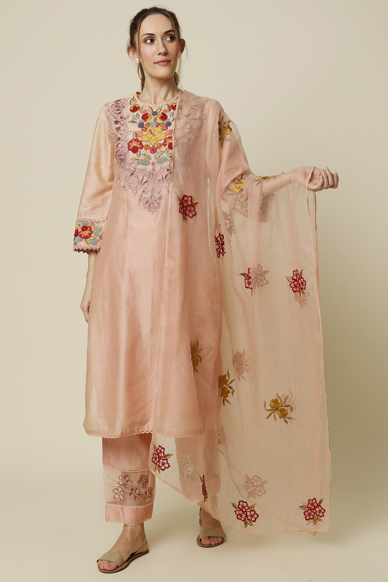 Peach Embroidered Kurta Set by Chandrima at Pernia's Pop Up Shop