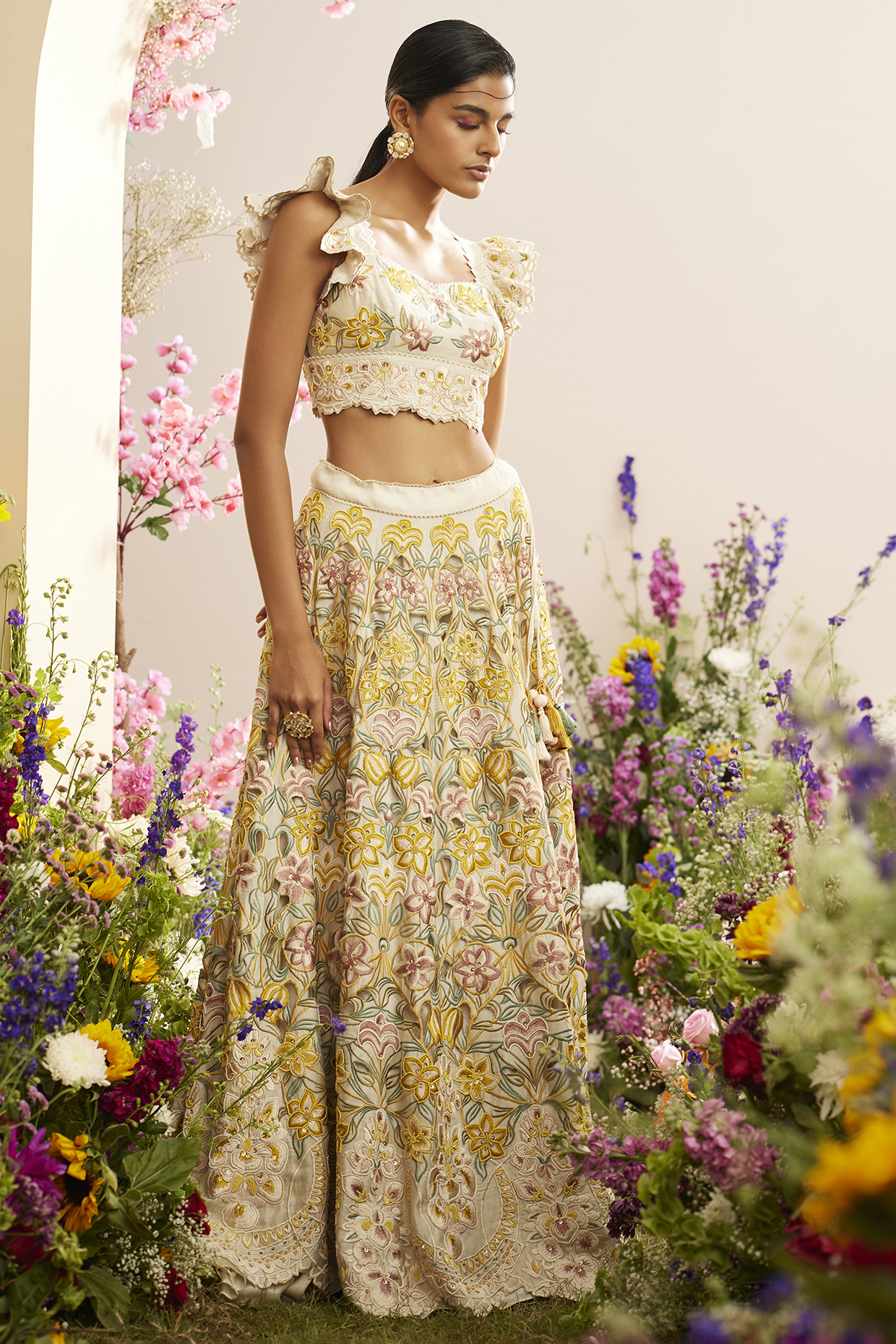 Ivory Chanderi Embroidered Wedding Lehenga by Chandrima at Pernia's Pop Up Shop
