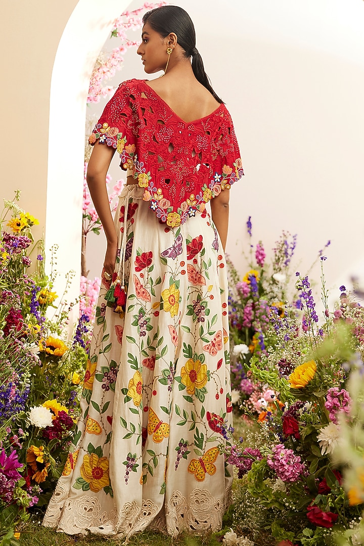Red Chanderi Poncho Top by Chandrima at Pernia's Pop Up Shop