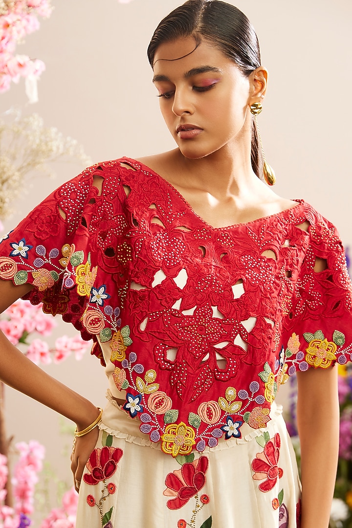 Red Chanderi Poncho Top by Chandrima at Pernia's Pop Up Shop