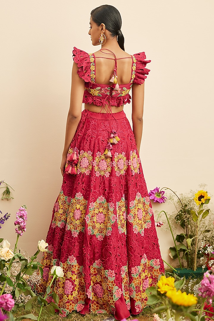 Fuchsia Chanderi Embroidered Wedding Lehenga by Chandrima at Pernia's Pop Up Shop