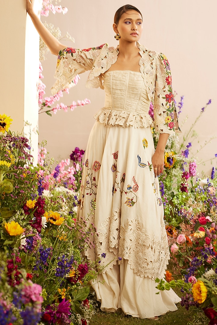 Ivory Chanderi Bolero Jacket by Chandrima at Pernia's Pop Up Shop