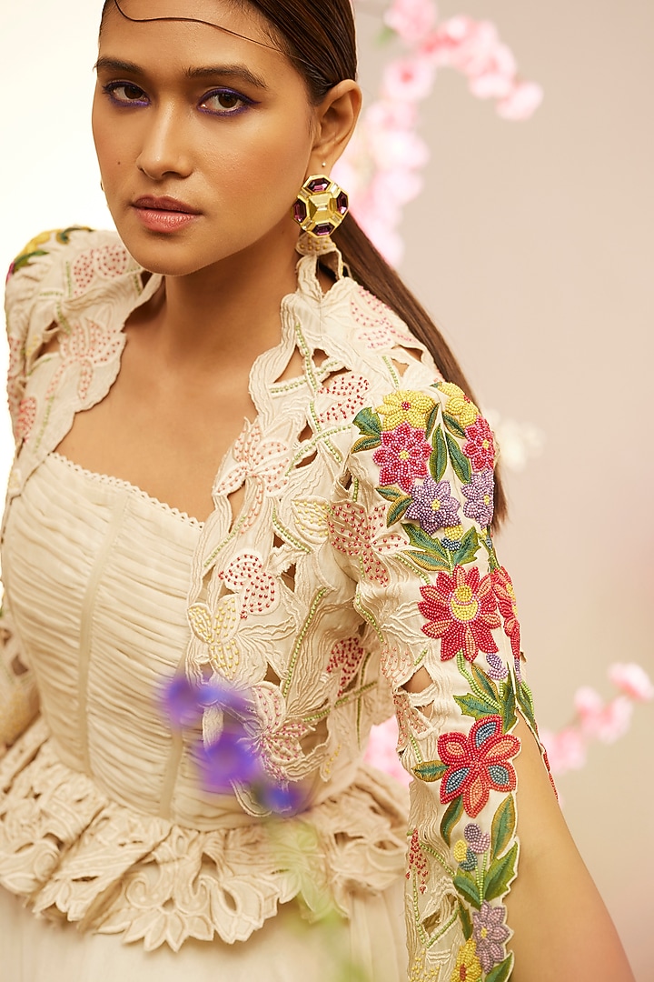 Ivory Chanderi Bolero Jacket by Chandrima at Pernia's Pop Up Shop