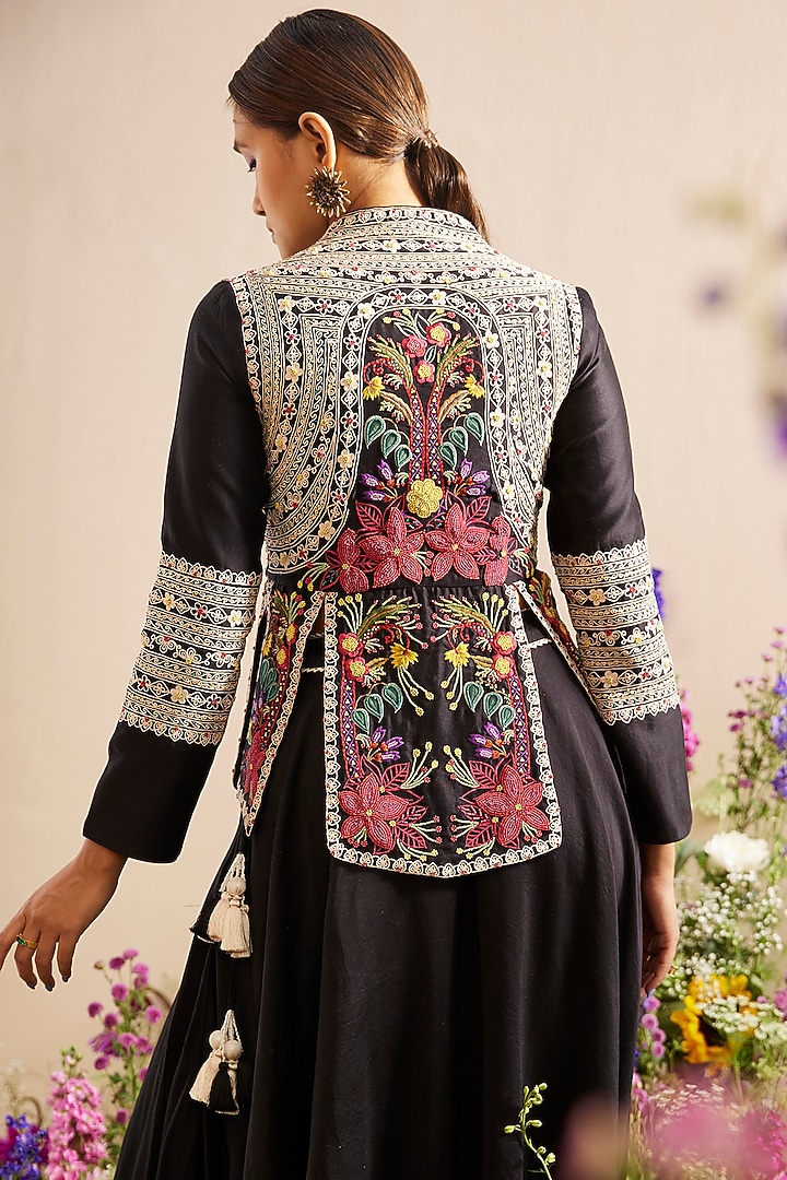 Black Chanderi Embroidered Jacket by Chandrima at Pernia's Pop Up Shop