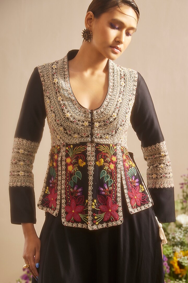 Black Chanderi Embroidered Jacket by Chandrima at Pernia's Pop Up Shop