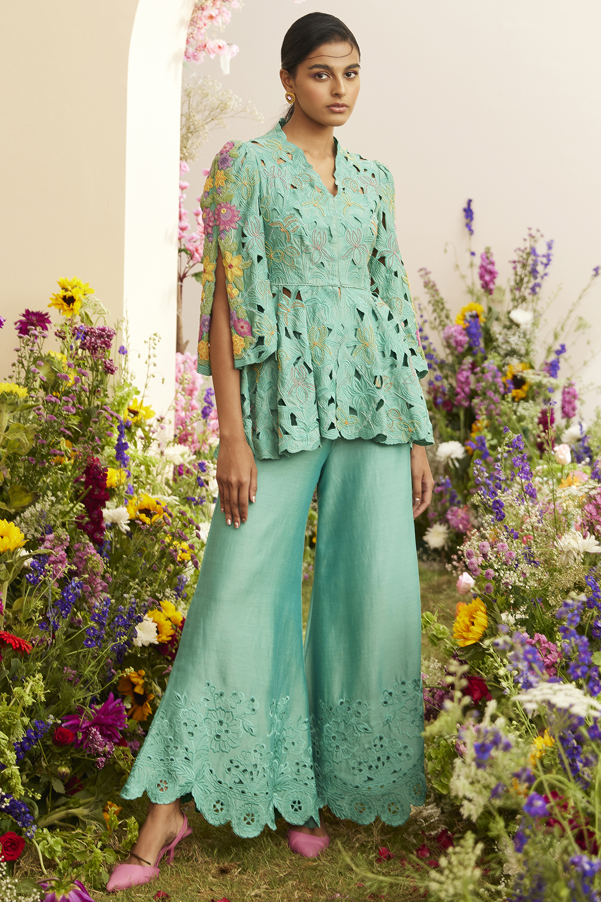 Aqua Chanderi Embroidered Jacket by Chandrima at Pernia's Pop Up Shop