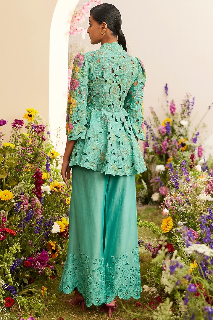 Aqua Chanderi Embroidered Jacket by Chandrima at Pernia's Pop Up Shop
