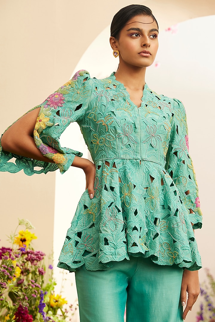 Aqua Chanderi Embroidered Jacket by Chandrima at Pernia's Pop Up Shop
