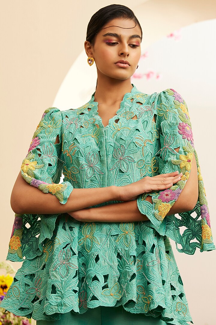 Aqua Chanderi Embroidered Jacket by Chandrima at Pernia's Pop Up Shop