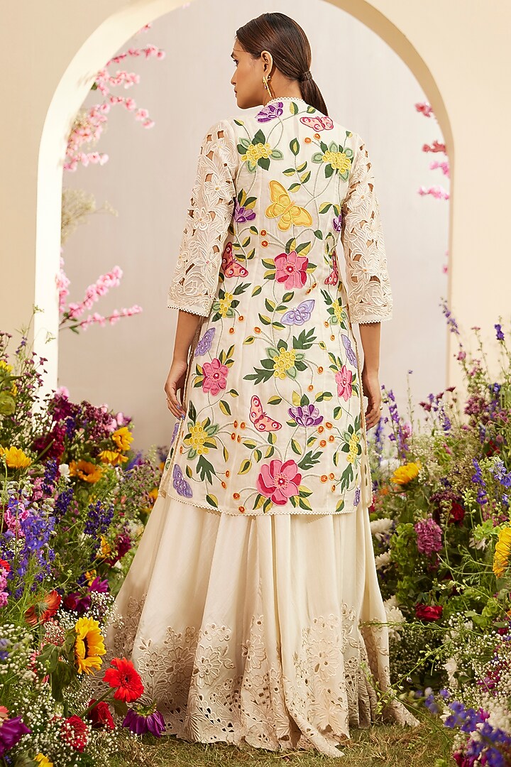 Ivory Organza Embroidered Jacket by Chandrima at Pernia's Pop Up Shop