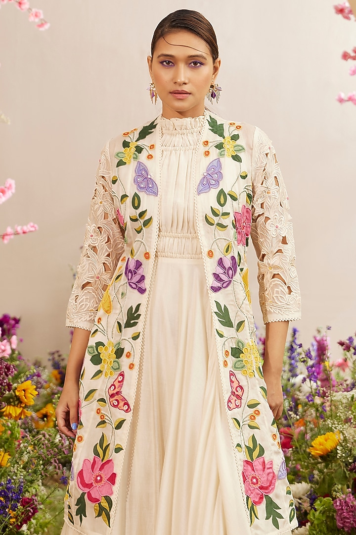 Ivory Organza Embroidered Jacket by Chandrima at Pernia's Pop Up Shop