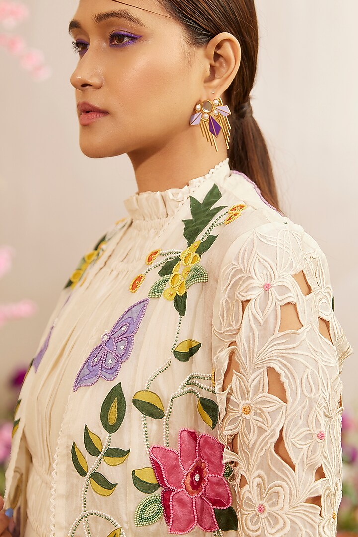 Ivory Organza Embroidered Jacket by Chandrima at Pernia's Pop Up Shop