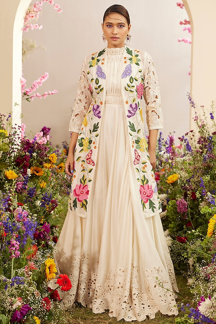 Ivory Chanderi Ruched Cocktail Dress by Chandrima at Pernia's Pop Up Shop
