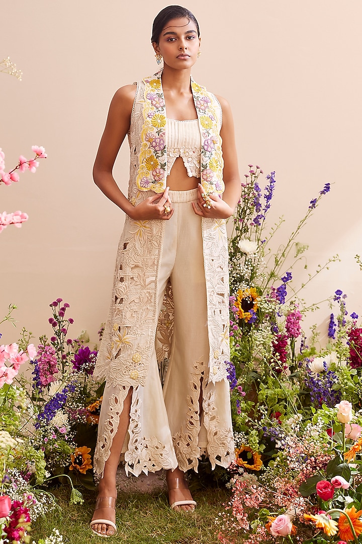 Ivory Chanderi Embroidered Jacket by Chandrima at Pernia's Pop Up Shop