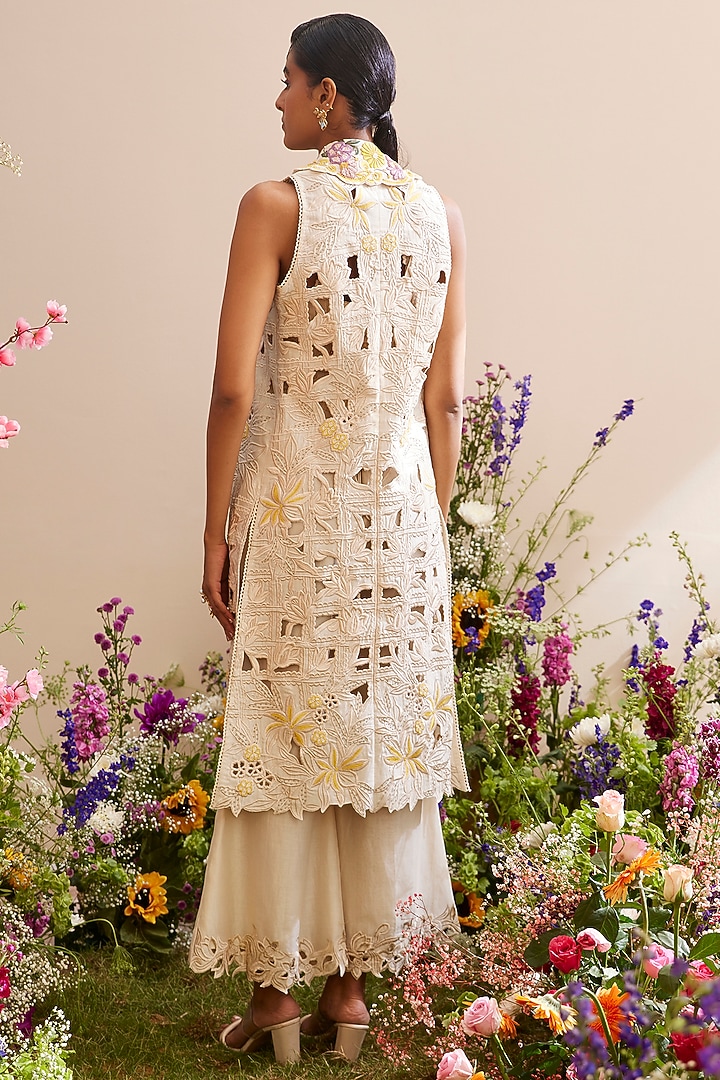 Ivory Chanderi Embroidered Jacket by Chandrima at Pernia's Pop Up Shop
