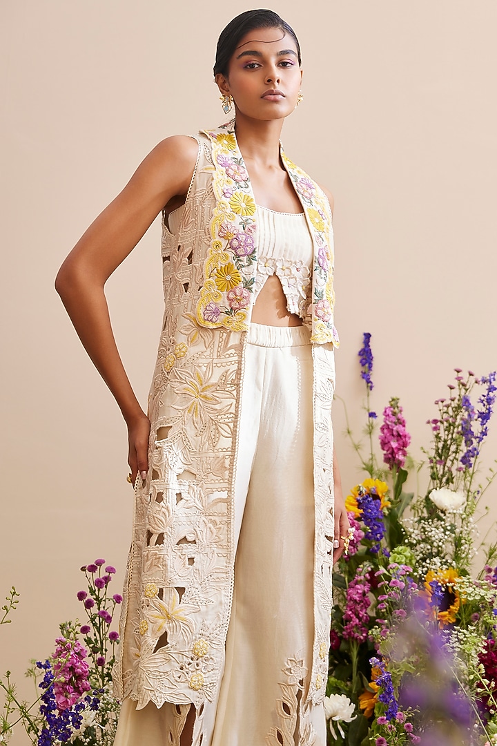Ivory Chanderi Embroidered Jacket by Chandrima at Pernia's Pop Up Shop