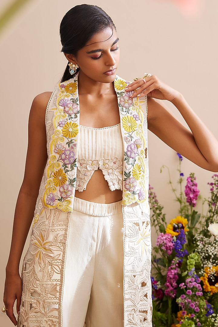 Ivory Chanderi Embroidered Jacket by Chandrima at Pernia's Pop Up Shop