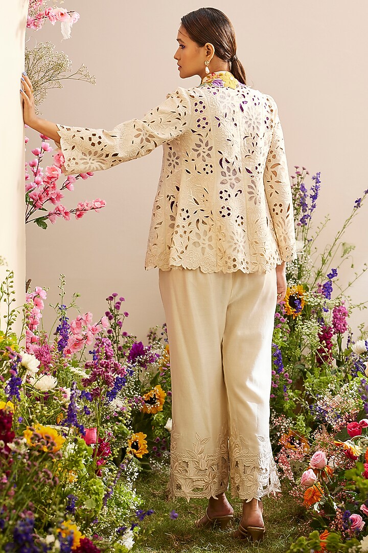 Ivory Chanderi Embroidered Jacket by Chandrima at Pernia's Pop Up Shop
