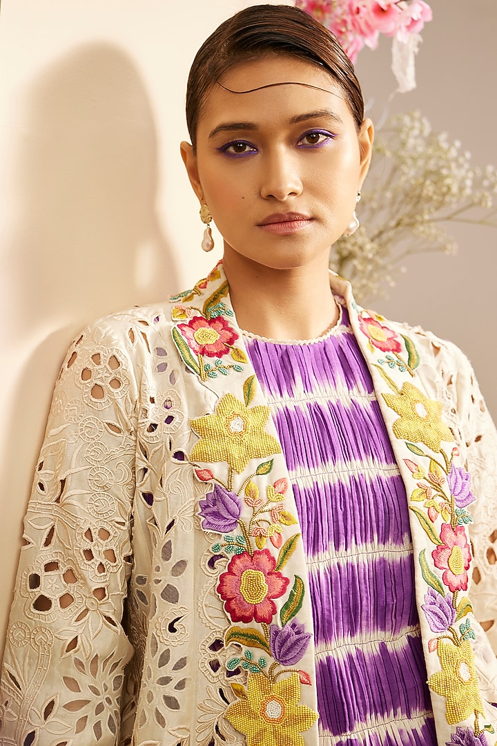 Ivory Chanderi Embroidered Jacket by Chandrima at Pernia's Pop Up Shop
