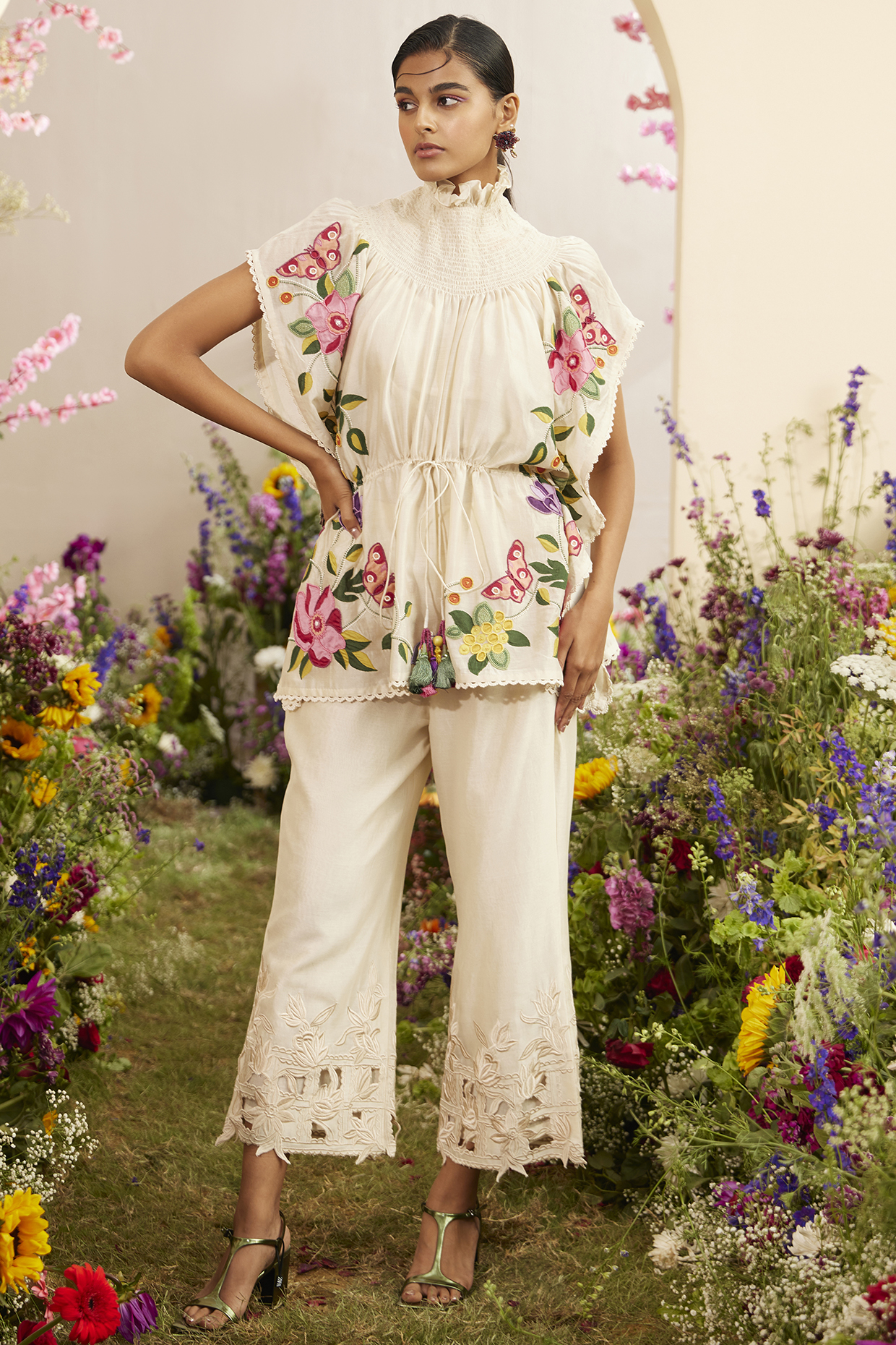 Ivory Chanderi Embroidered Kaftan by Chandrima at Pernia's Pop Up Shop