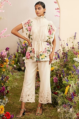 Ivory Chanderi Embroidered Kaftan by Chandrima