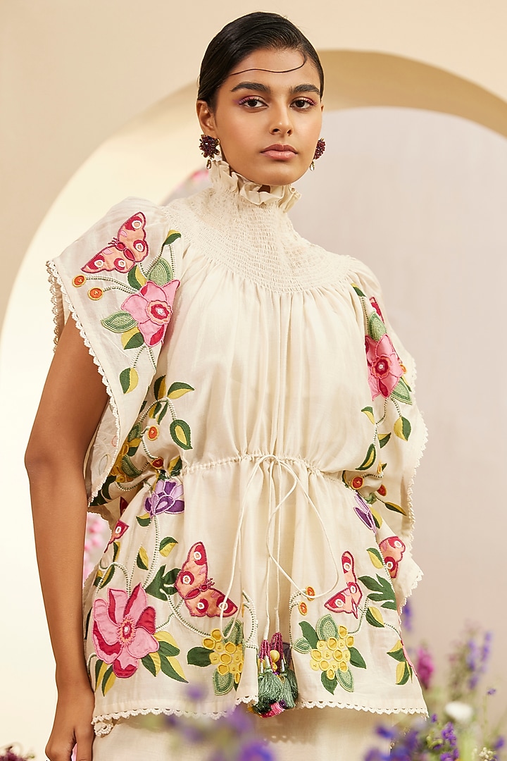 Ivory Chanderi Embroidered Kaftan by Chandrima at Pernia's Pop Up Shop