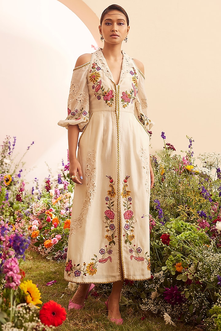 Ivory Chanderi Embroidered Cocktail Dress by Chandrima at Pernia's Pop Up Shop