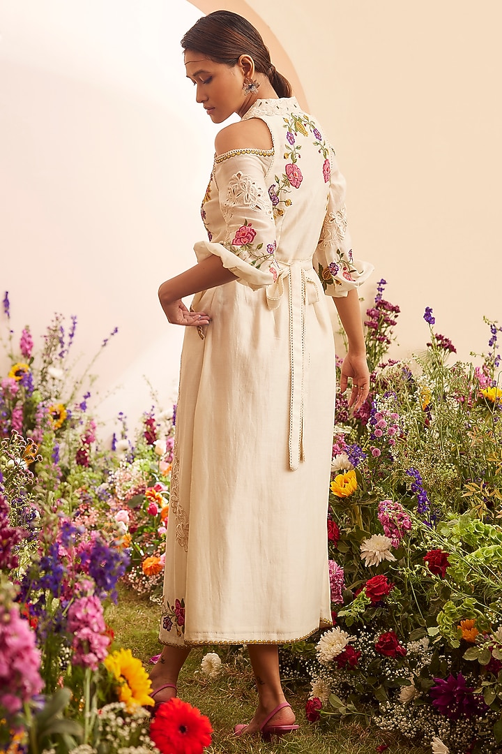 Ivory Chanderi Embroidered Cocktail Dress by Chandrima at Pernia's Pop Up Shop