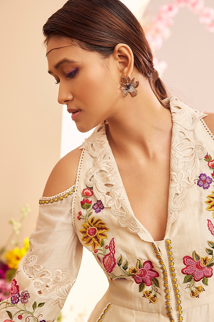 Ivory Chanderi Embroidered Cocktail Dress by Chandrima at Pernia's Pop Up Shop