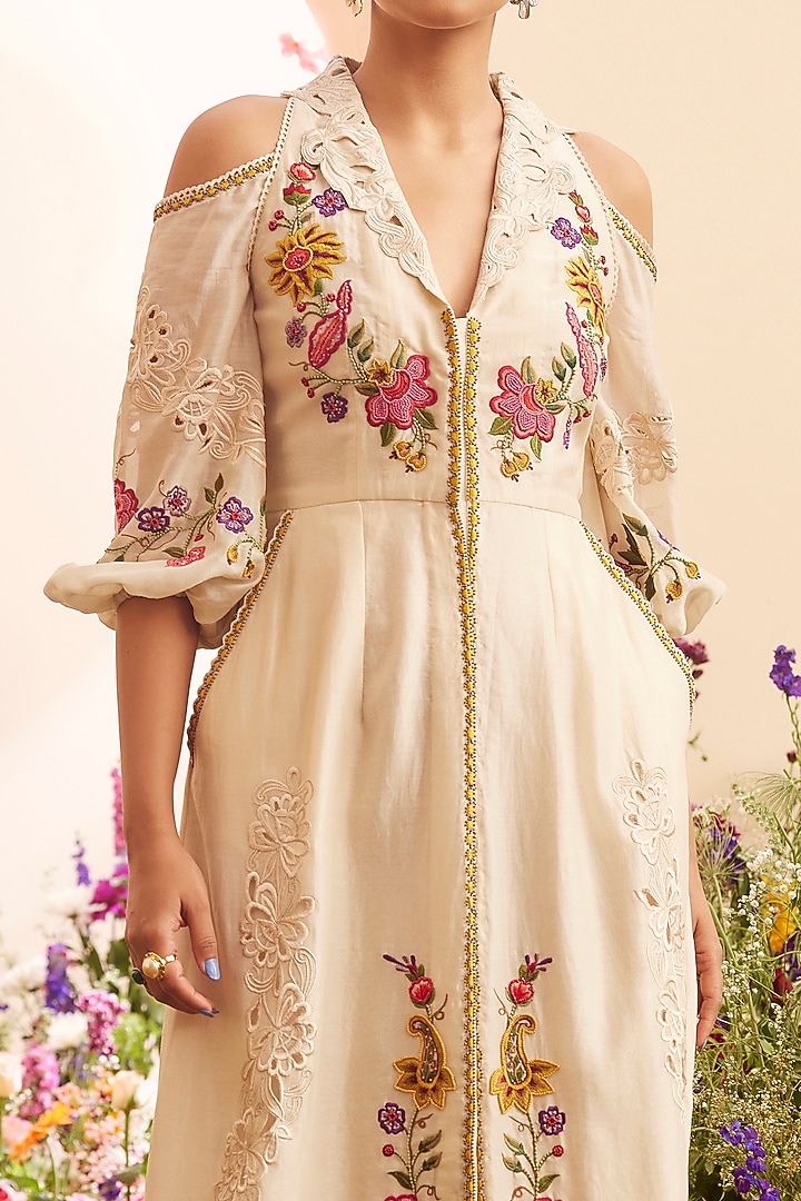 Ivory Chanderi Embroidered Cocktail Dress by Chandrima at Pernia's Pop Up Shop