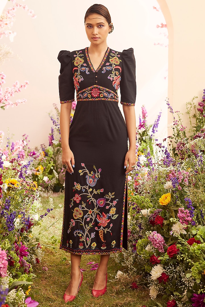Black Kala Cotton Embroidered Cocktail Dress by Chandrima at Pernia's Pop Up Shop