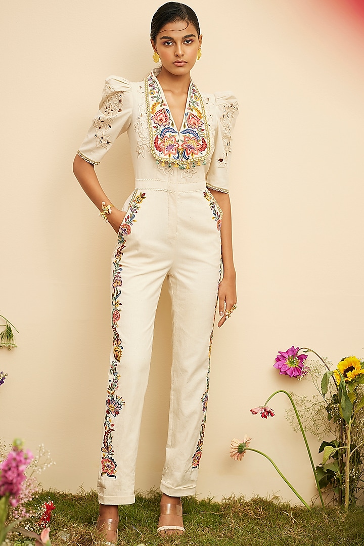Ivory Kala Cotton Embroidered Jumpsuit by Chandrima