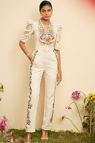 Ivory Kala Cotton Embroidered Jumpsuit by Chandrima