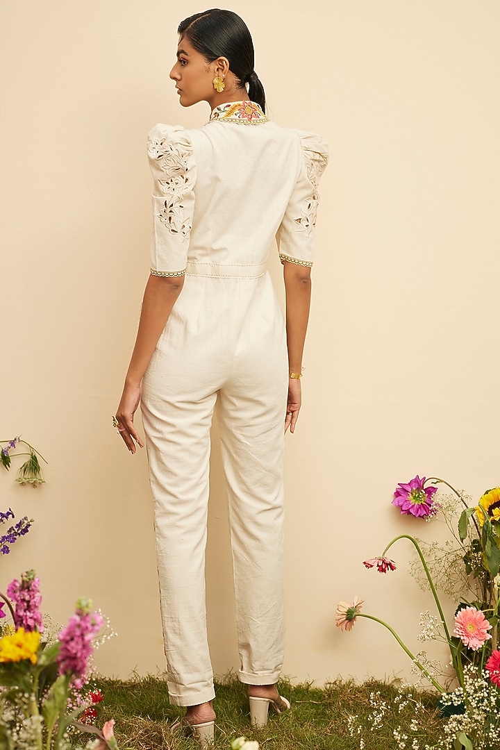 Ivory Kala Cotton Embroidered Jumpsuit by Chandrima at Pernia's Pop Up Shop