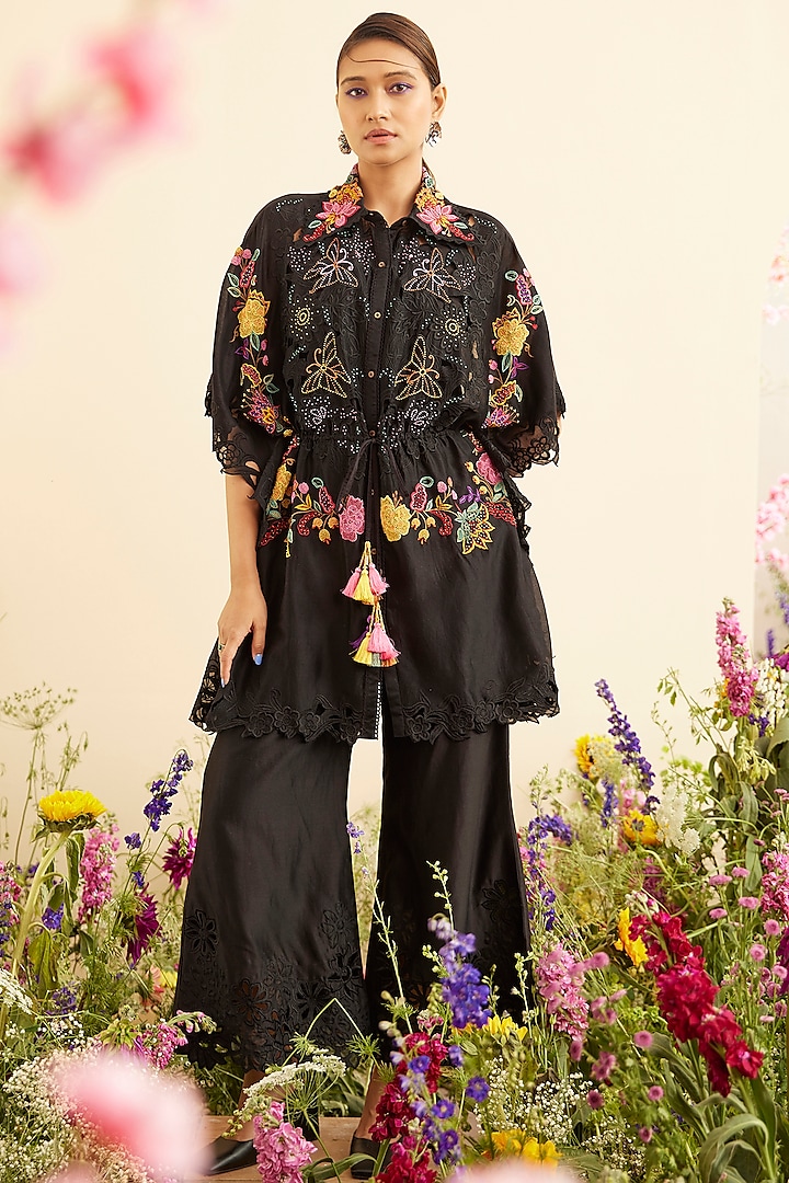 Black Chanderi Embroidered Kaftan by Chandrima at Pernia's Pop Up Shop