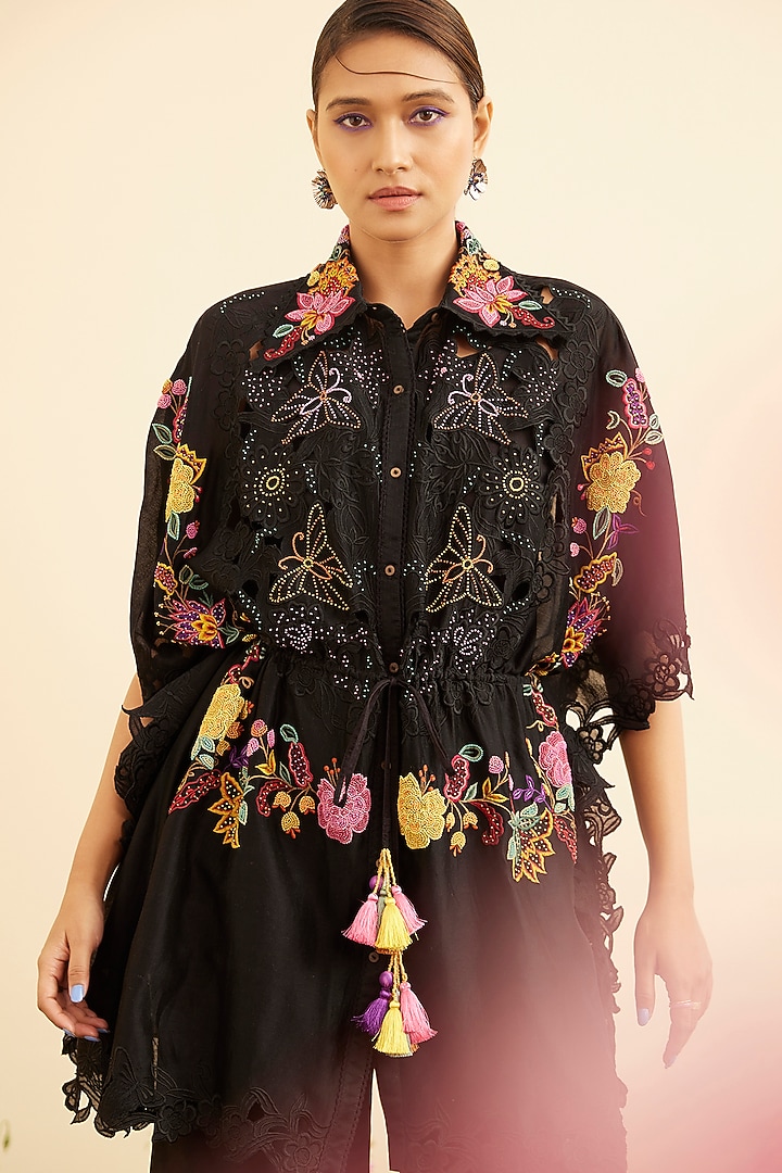 Black Chanderi Embroidered Kaftan by Chandrima at Pernia's Pop Up Shop