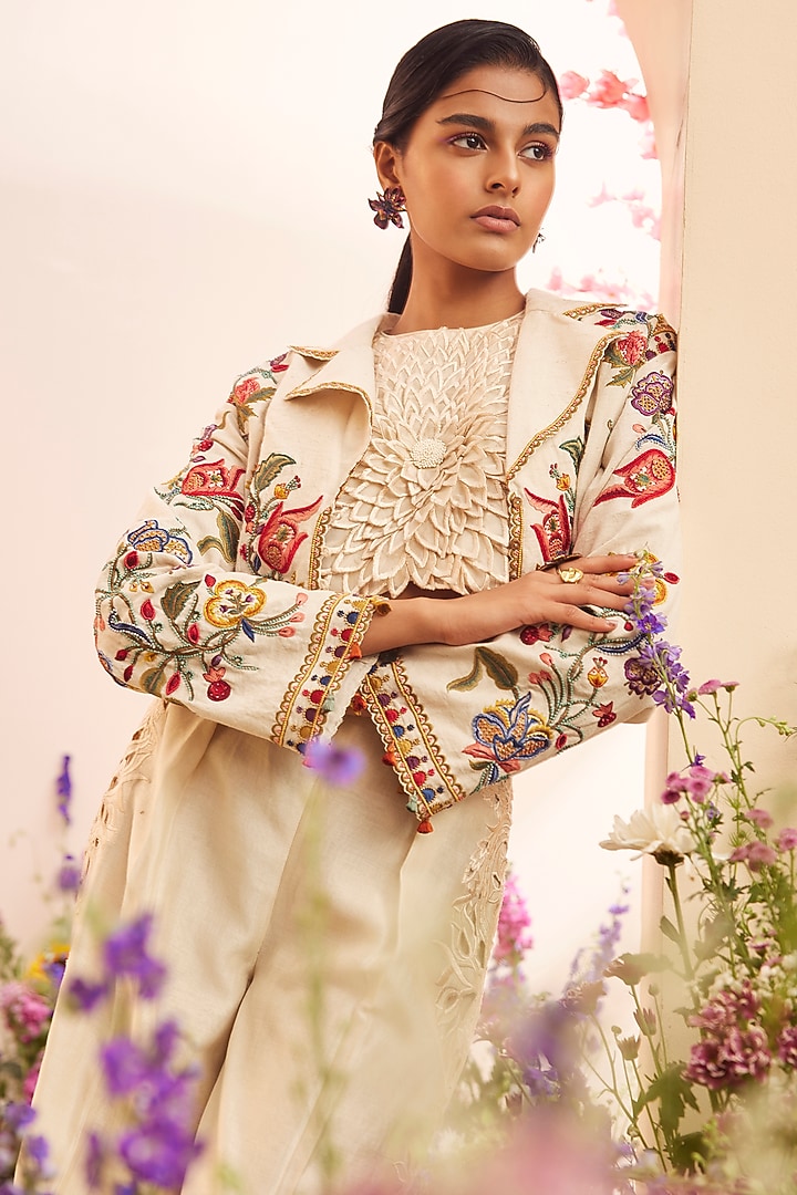 Ivory Kala Cotton Embroidered Bolero Jacket by Chandrima at Pernia's Pop Up Shop