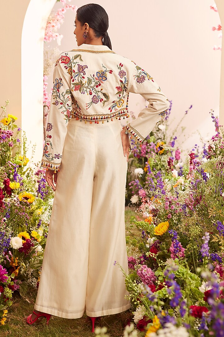 Ivory Chanderi Pleated Pants by Chandrima at Pernia's Pop Up Shop