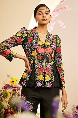 Black Chanderi Embroidered Peplum Jacket by Chandrima