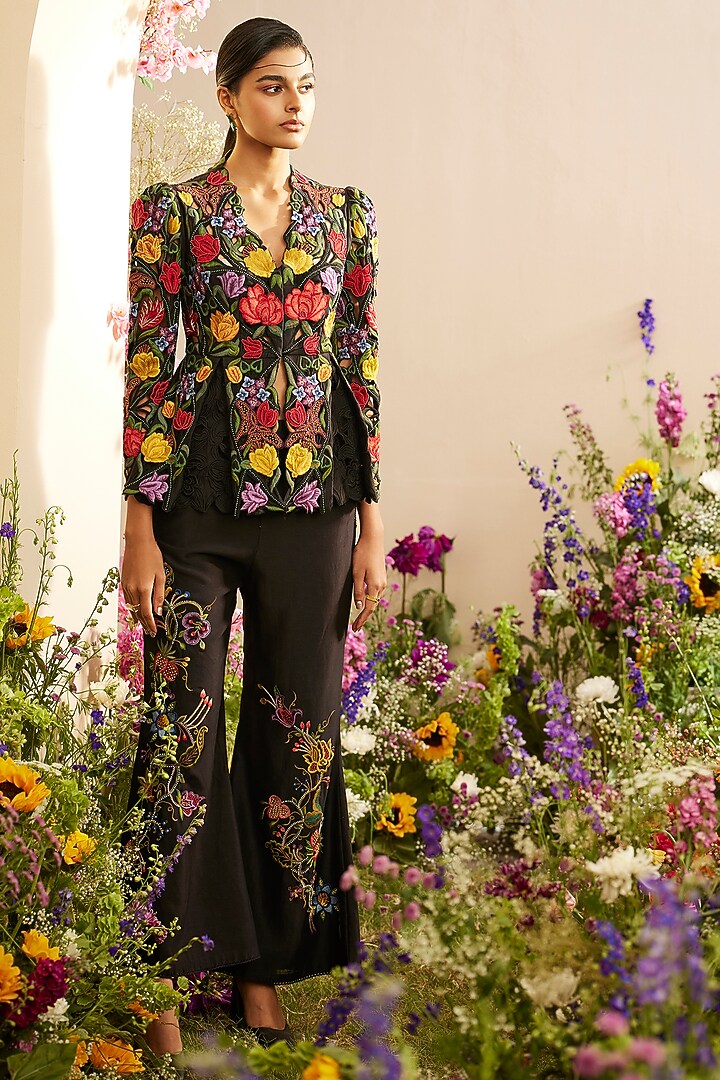 Black Chanderi Embroidered Peplum Jacket by Chandrima at Pernia's Pop Up Shop