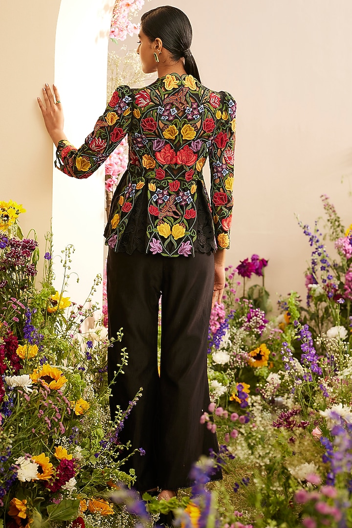 Black Chanderi Embroidered Peplum Jacket by Chandrima at Pernia's Pop Up Shop