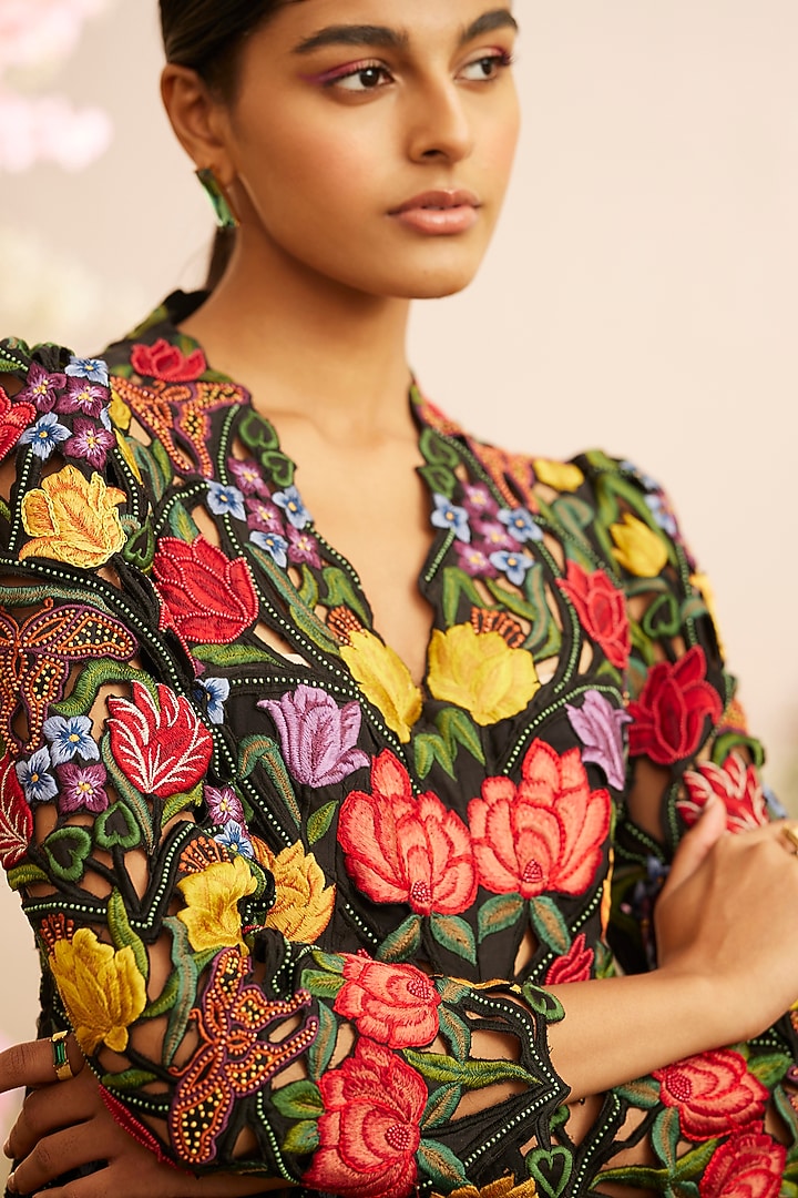 Black Chanderi Embroidered Peplum Jacket by Chandrima at Pernia's Pop Up Shop