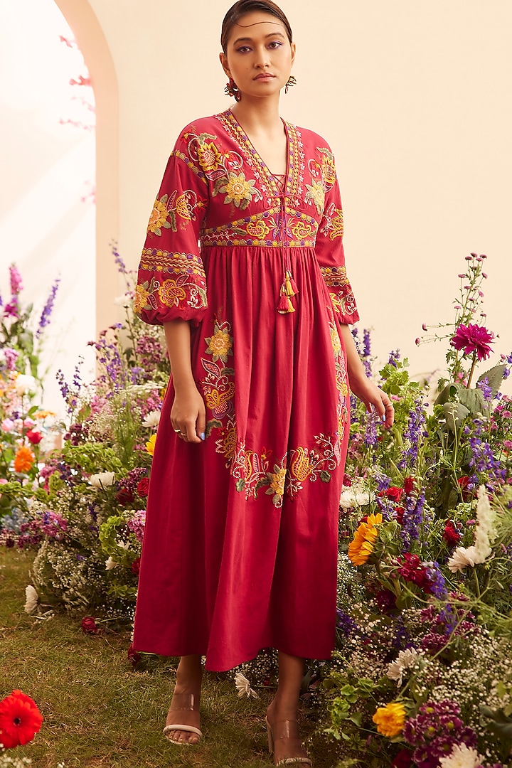 Fuchsia Kala Cotton Embroidered Midi Dress by Chandrima