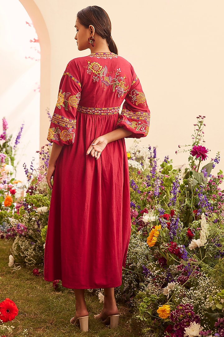 Fuchsia Kala Cotton Embroidered Midi Cocktail Dress by Chandrima at Pernia's Pop Up Shop