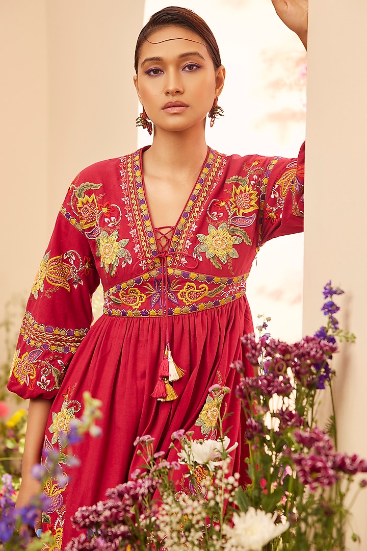 Fuchsia Kala Cotton Embroidered Midi Cocktail Dress by Chandrima at Pernia's Pop Up Shop