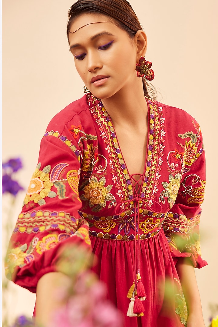 Fuchsia Kala Cotton Embroidered Midi Cocktail Dress by Chandrima at Pernia's Pop Up Shop