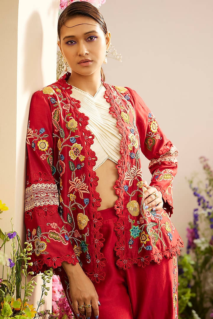 Red Chanderi Embroidered Jacket by Chandrima