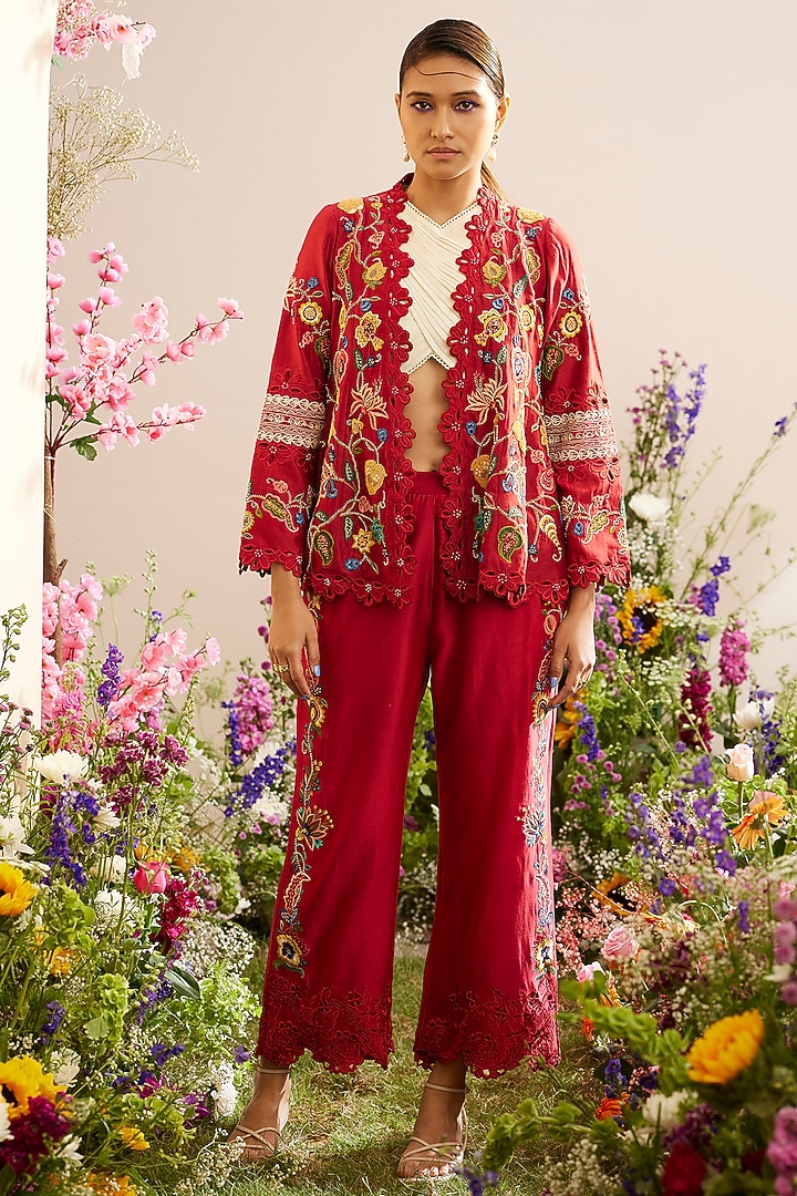Red Chanderi Embroidered Jacket by Chandrima at Pernia's Pop Up Shop